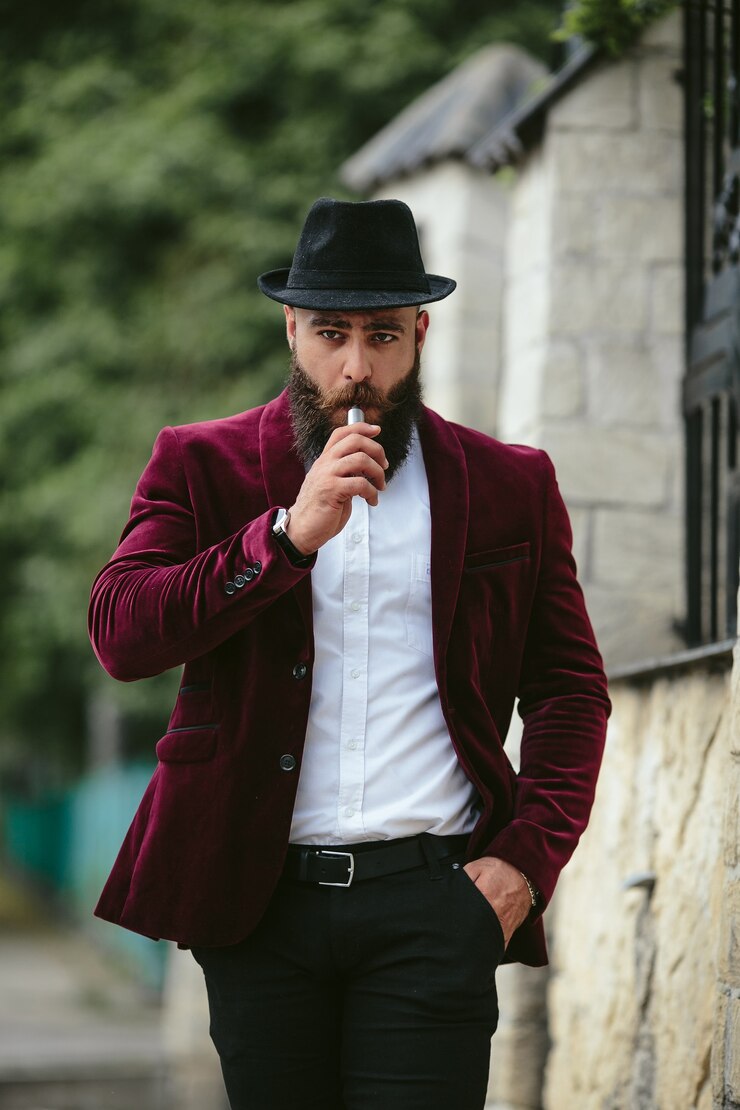 Foto grátis um homem rico com barba fuma cigarro eletrônico