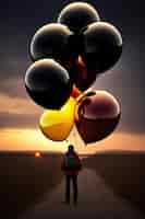 Foto grátis um homem segurando um monte de balões com o sol se pondo atrás dele.