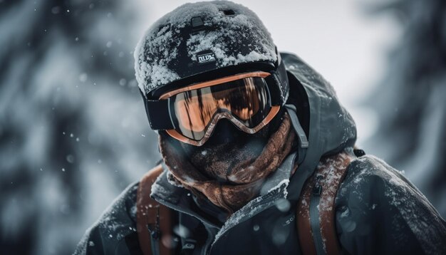 Um homem sorridente desce uma montanha de snowboard gerada por IA