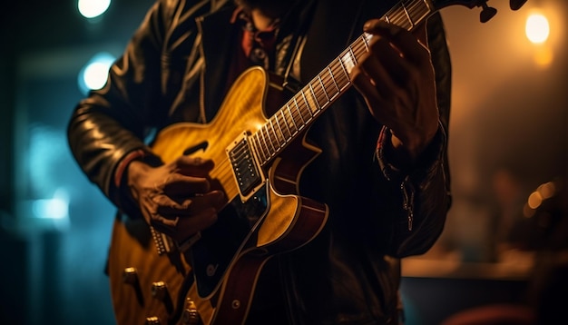 Um homem tocando violão no palco à noite gerado por IA