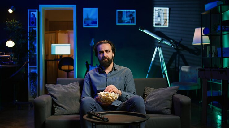 Foto grátis um homem triste sentado no sofá, com o coração partido, a ver um filme trágico.