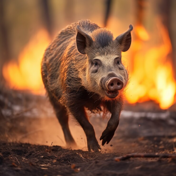 Foto grátis um javali a fugir de um incêndio