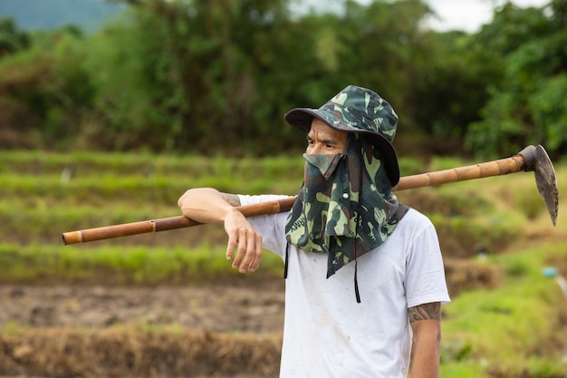 Um jovem agricultor olhando seus campos de arroz.