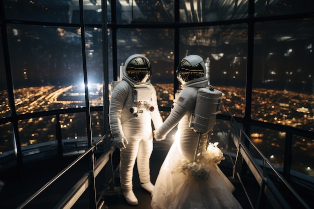 Foto grátis um jovem casal a casar numa estação espacial.