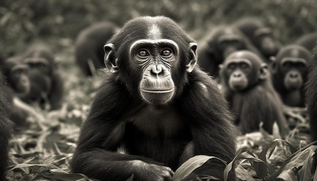 Um jovem macaco bonito sentado em uma floresta tropical gerada por inteligência artificial