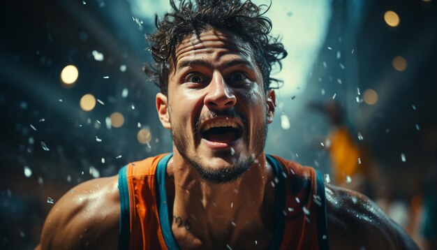 Foto grátis um jovem sorrindo ao ar livre desfrutando da competição úmida gerada pela inteligência artificial