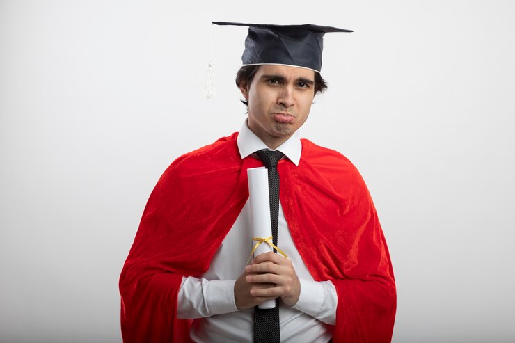 Foto grátis um jovem super-herói triste olhando para a câmera usando gravata e chapéu de pós-graduação segurando diploma