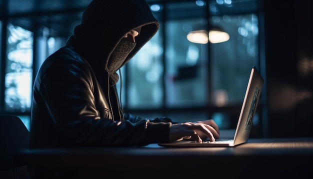 Um ladrão digitando senha perigosa no laptop gerado pela IA
