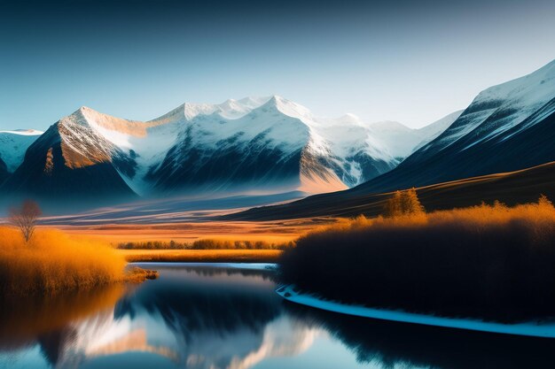Um lago de montanha com montanhas cobertas de neve ao fundo