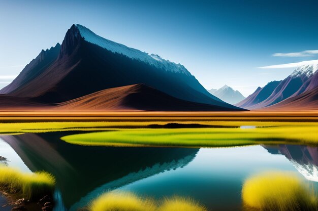 Um lago de montanha com um céu azul e um campo verde com montanhas ao fundo.