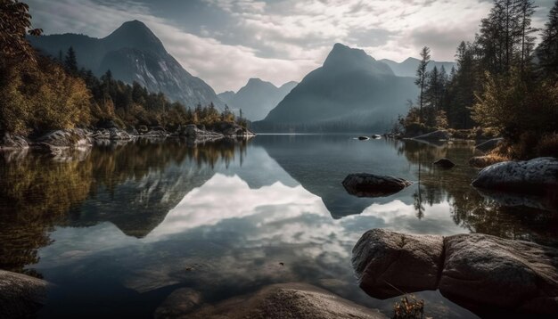 Um lago de montanha com um céu nublado ao fundo