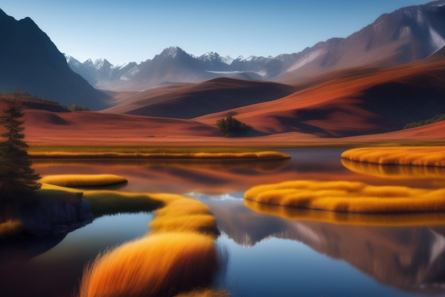 Um lago de montanha com uma montanha ao fundo