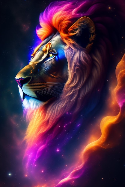Um leão colorido com uma juba de arco-íris