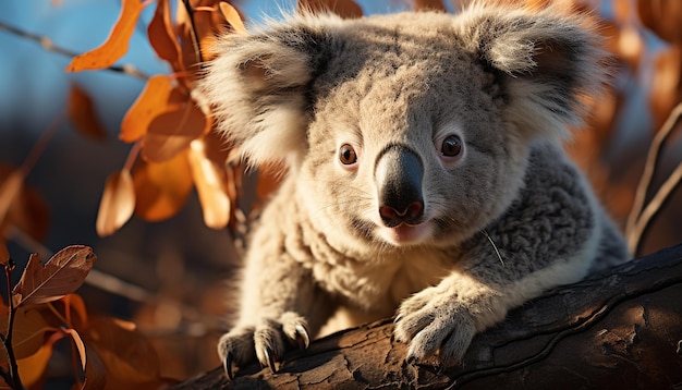 Foto grátis um lindo coala sentado em um galho olhando para uma câmera na natureza gerada por inteligência artificial