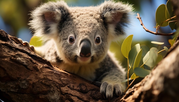 Um lindo coala sentado em um galho olhando para uma câmera na natureza gerada por inteligência artificial