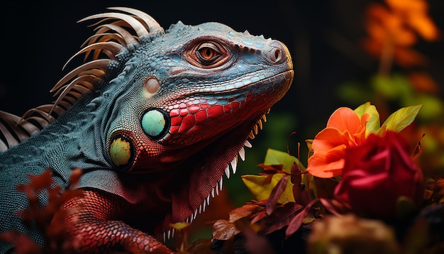 Foto grátis um lindo lagarto verde na floresta tropical parecendo assustador, gerado pela inteligência artificial