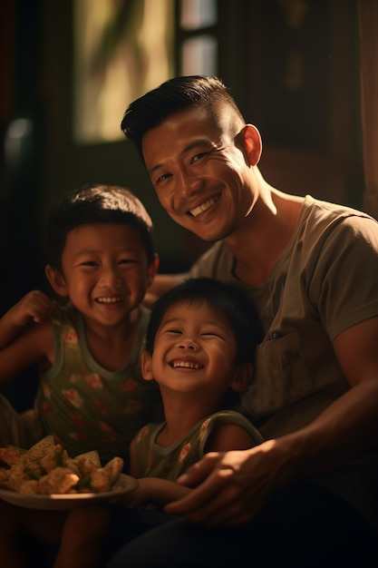 Um lindo retrato de pai e filhos a celebrar o dia do pai.