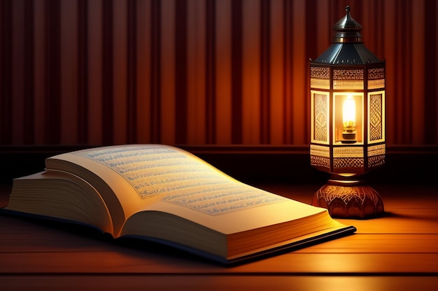Um livro está aberto em uma lâmpada ao lado de uma lanterna acesa.