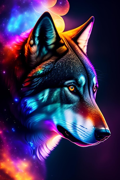 Um lobo colorido com um fundo preto