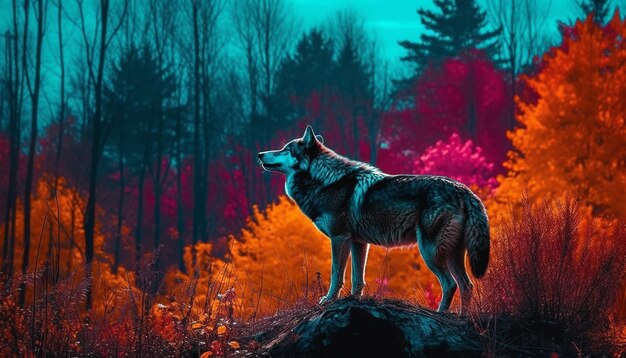 Um lobo em pé em uma floresta com um fundo colorido.