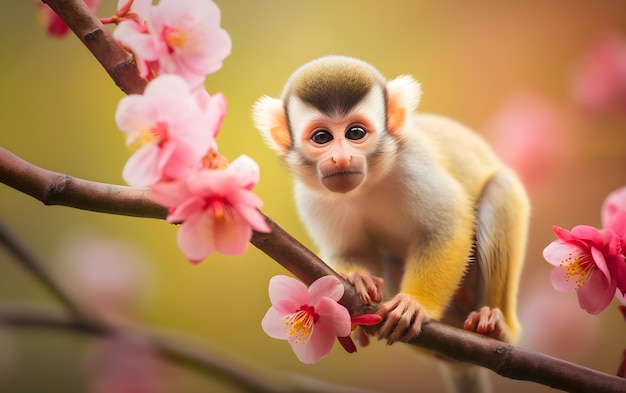 Um macaco bonito num galho de flores