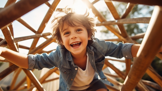 Um menino a brincar no parque infantil.