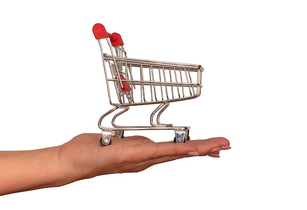 Um mini carrinho vazio está na palma da sua mão. compra e venda online de mercadorias. em fundo branco.