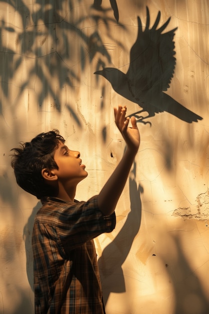 Foto grátis um miúdo adorável a brincar com sombras.