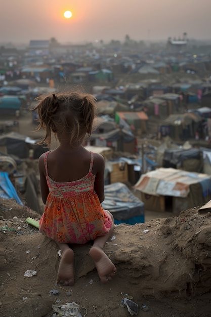 Foto grátis um miúdo fotorrealista num campo de refugiados