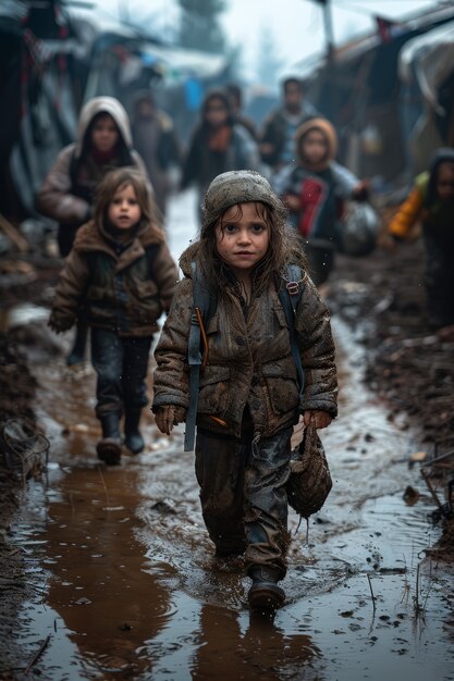 Um miúdo fotorrealista num campo de refugiados