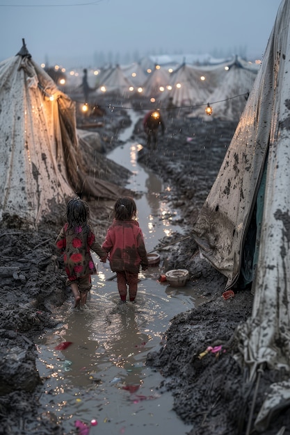 Foto grátis um miúdo fotorrealista num campo de refugiados