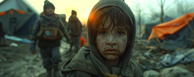 Um miúdo fotorrealista num campo de refugiados