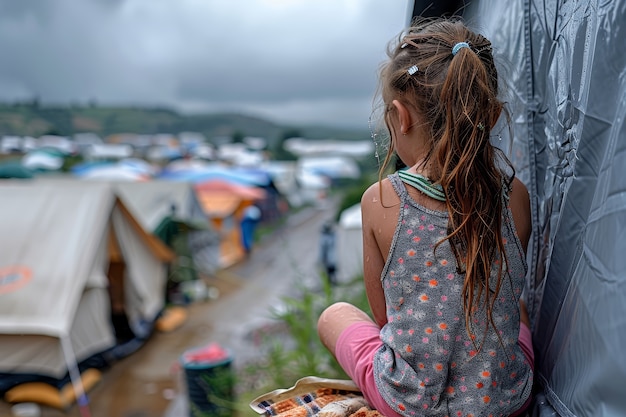 Foto grátis um miúdo fotorrealista num campo de refugiados