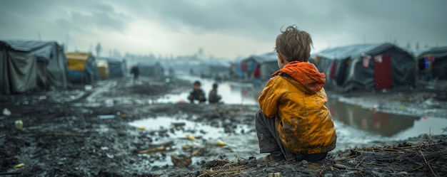 Um miúdo fotorrealista num campo de refugiados