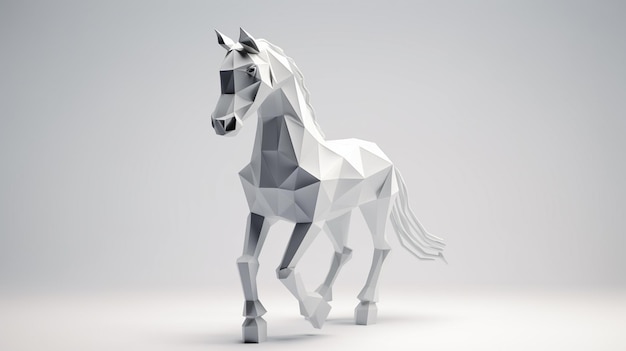 Um modelo 3D poligonal de um cavalo em um fundo branco