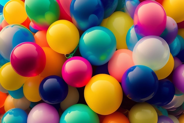 Um monte de balões coloridos estão em uma pilha.