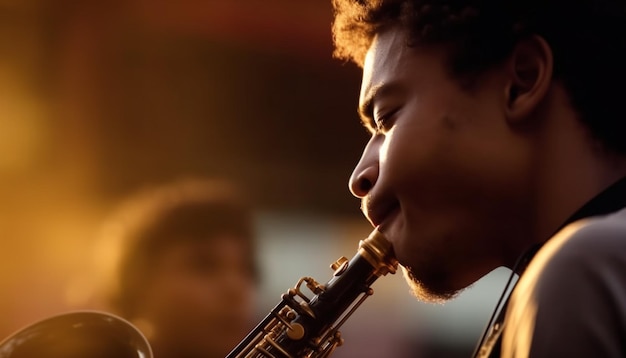 Um músico soprando foco de saxofone na ia generativa em primeiro plano