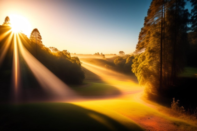 Foto grátis um nascer do sol sobre um campo de golfe com o sol brilhando por entre as árvores.