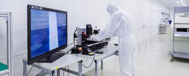 Foto grátis um operário em um laboratório branco luvas de látex e máscara facial trabalhando com alguns equipamentos modernos durante a fabricação de um aparelho de tv