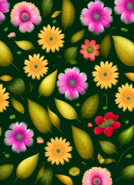Foto grátis um padrão perfeito com flores e folhas em um fundo escuro.