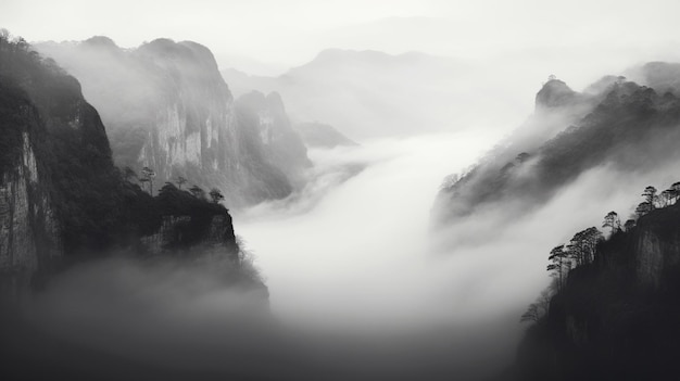 Foto grátis um panorama de algumas rochas na imagem preto e branco da névoa