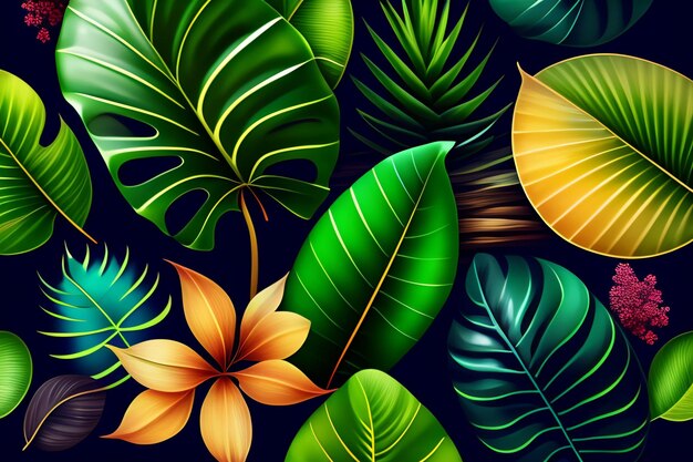 Um papel de parede de folhas tropicais com uma flor.