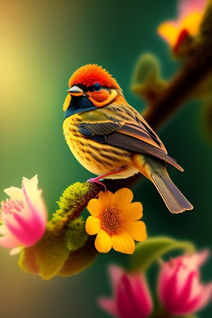 Um pássaro com cabeça amarela e penas vermelhas está sentado em um galho com uma flor ao fundo.