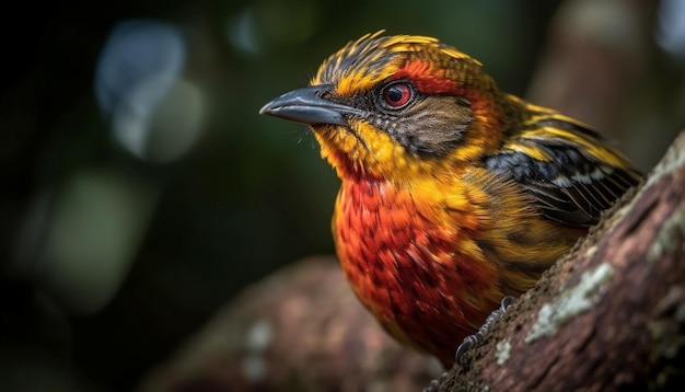 Foto grátis um pássaro com uma cabeça vermelha e amarela senta-se em um galho de árvore.