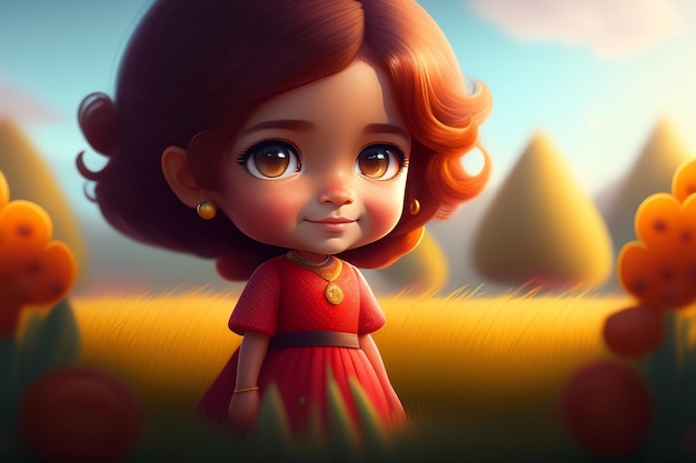 Um personagem de desenho animado com um vestido vermelho e um vestido vermelho com uma garotinha em um campo.