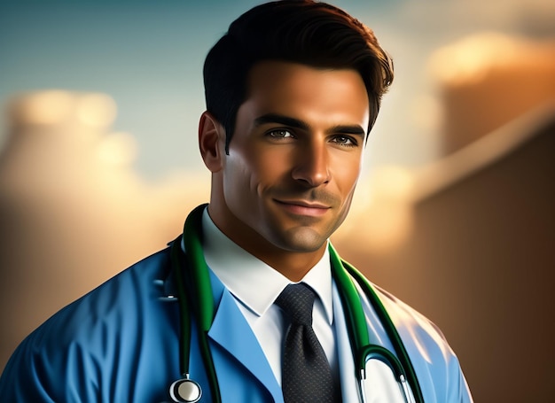 Um personagem de um médico com um jaleco azul e uma gravata branca.