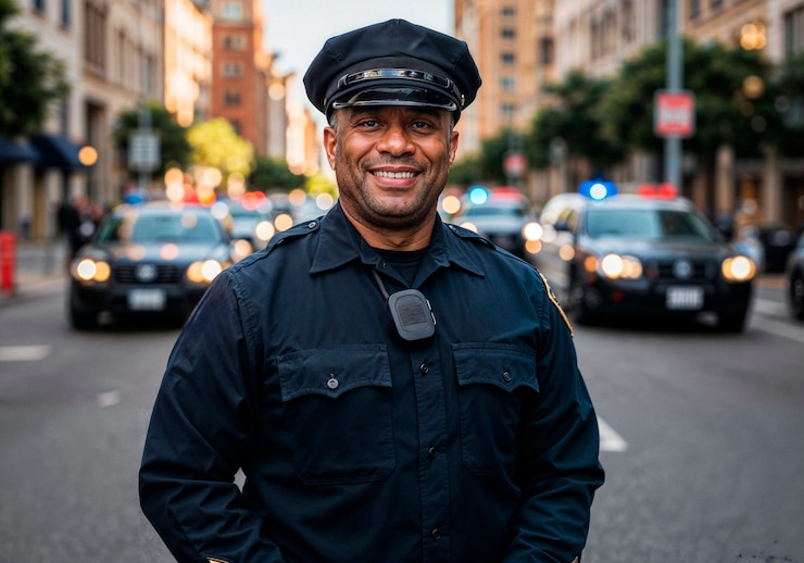 Foto grátis um policial sorridente de pé numa rua da cidade