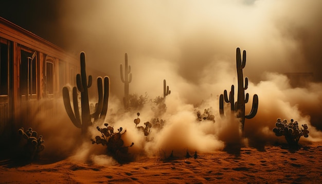 Um pôr do sol ardente pinta uma perigosa paisagem escura com montanhas geradas por inteligência artificial