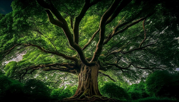 Um pôr do sol brilhante ilumina uma antiga trilha na floresta gerada por IA