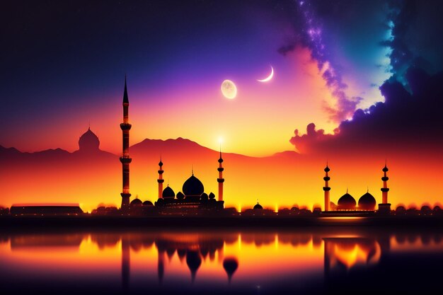 Um pôr do sol colorido com uma mesquita e a lua